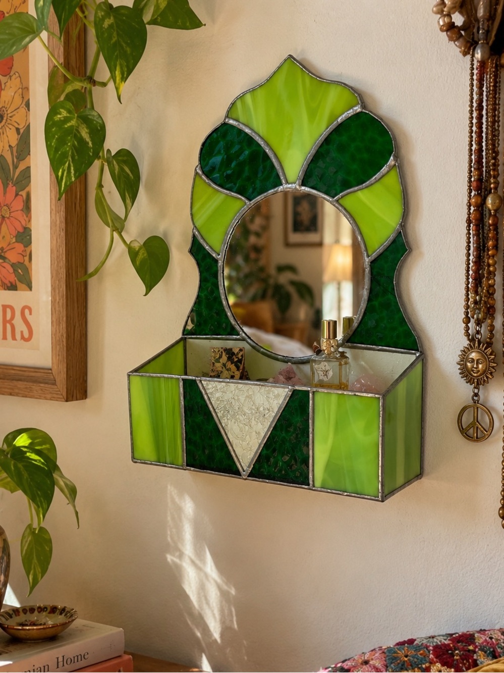 Stained Glass Wall Mirror Shelf Green Boho Hippie Vintage Vanity Organizer Decor